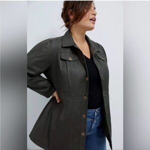 Maeve by Anthropologie dark green faux Leather Jacket with Button Accents